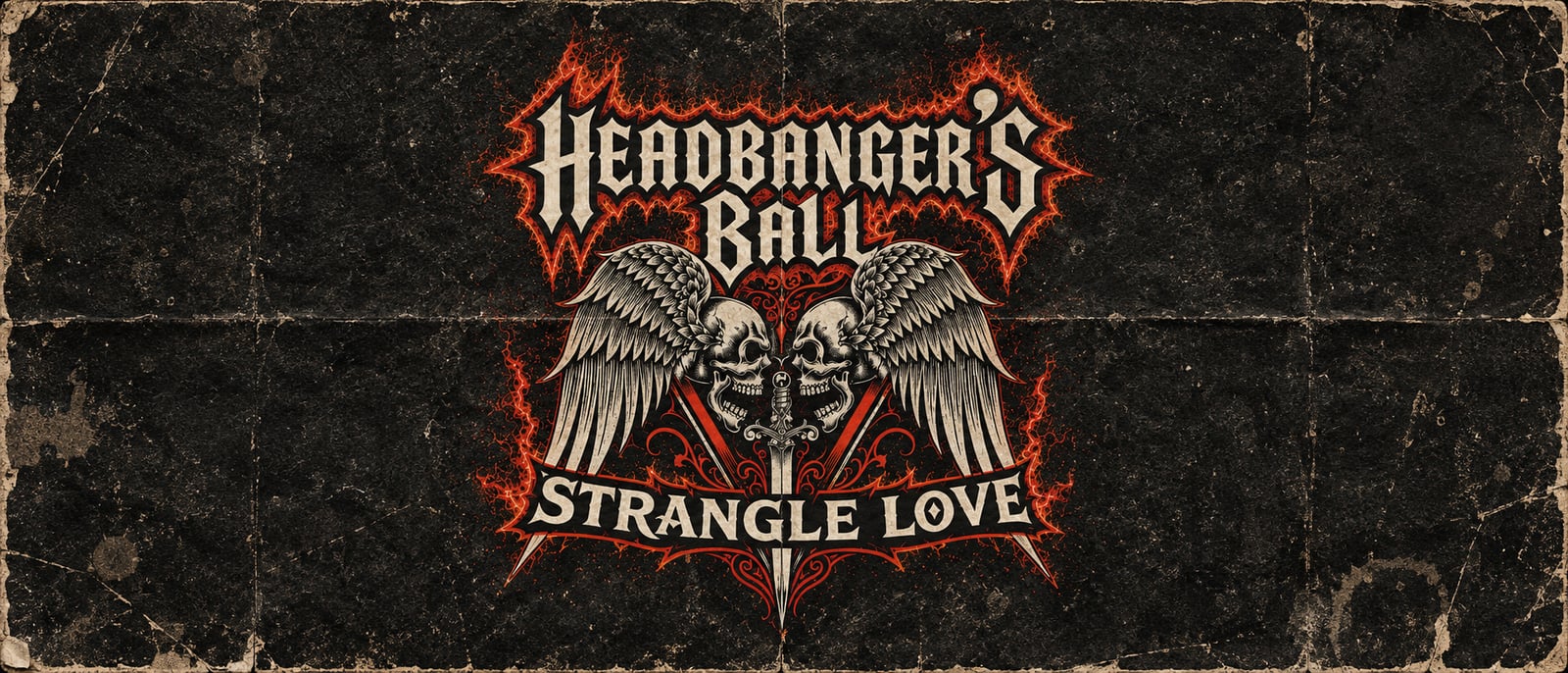 Strangle Love Headbanger’s Ball artwork: winged skulls and red flames